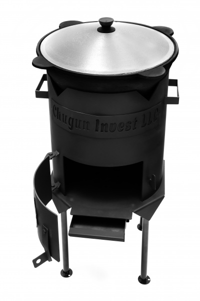 Казан узбекский 6л (круглое дно) + Печь для казана разборная усиленная с дверцей, 3мм, диам.300мм