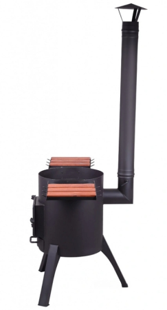 Очаг "Премиум" с двойными стенками и с чугунной дверцей для казанов на 8-10 литров (со столиками)