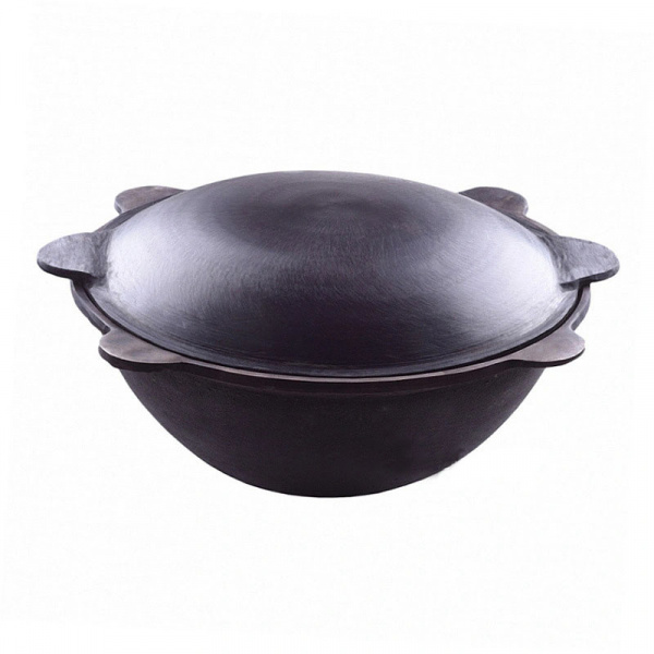 Казан узбекский чугунный 8л круглое дно с крышкой САДЖ-сковородой