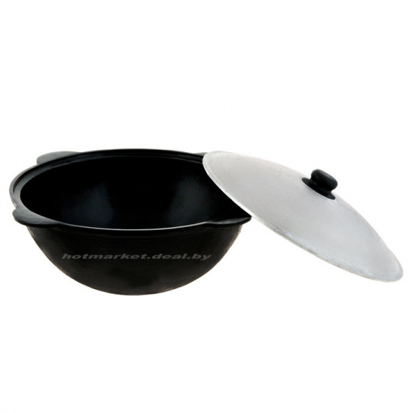 Казан узбекский чугунный 16л плоское дно с алюминиевой крышкой